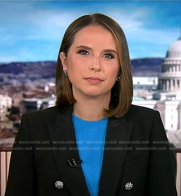 Elizabeth Schulze's black double breasted tweed blazer on Good Morning America