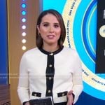 Elizabeth’s white contrast trim cardigan on Good Morning America