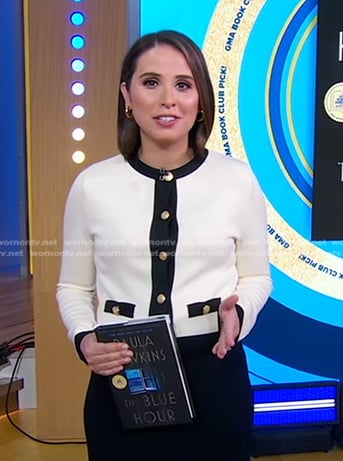 Elizabeth’s white contrast trim cardigan on Good Morning America