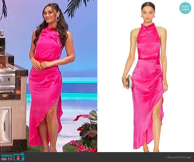 Alexis’s pink satin asymmetric dress on The Price is Right