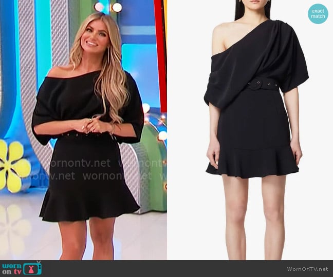 Amber’s black draped shoulder mini dress on The Price is Right