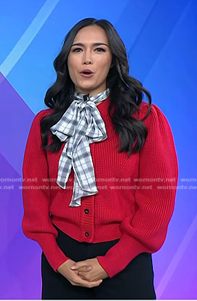 Emilie's red cardigan with plaid tie on Today