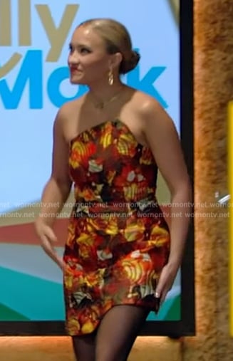 Emily Osment's abstract asymmetric mini dress on Live with Kelly and Mark