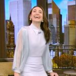 Emmy’s blue pleated sheer blouse and mini skirt on Live with Kelly and Mark