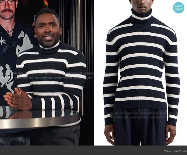 Emporio Armani Striped Ribbed Turtleneck Sweater worn by Justin Sylvester on E! News