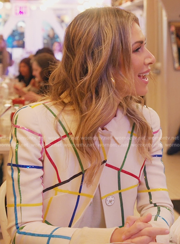 Erin's white multi-coloured check coat on The Real Housewives of New York City