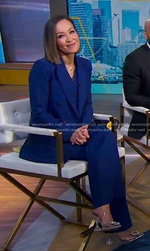 Eva's blue vest and pant suit on Good Morning America