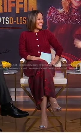 Eva’s burgundy floral dress and cardigan on Good Morning America