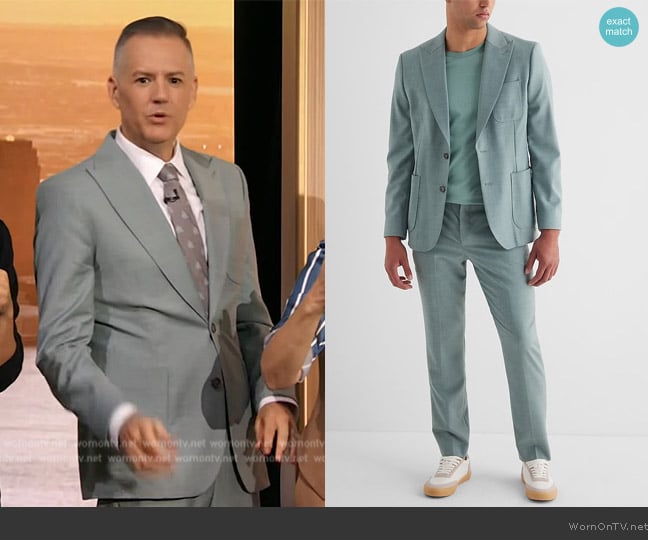 Express Extra Slim Light Blue Flannel Suit Jacket worn by Ross Mathews on The Drew Barrymore Show