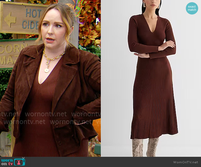 Express Ribbed V-Neck Long Sleeve Sweater Midi Dress worn by Mariah Copeland (Camryn Grimes) on The Young and the Restless