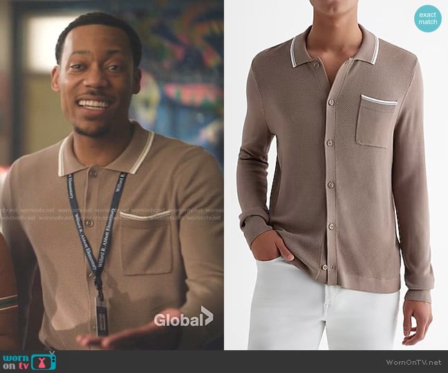 Express Stripe Tipped Pocket Sweater Polo in blush taupe 2629 worn by Gregory Eddie (Tyler James Williams) on Abbott Elementary