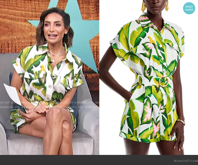 Farm Rio Summer Foliage Printed Romper worn by Courtney Lopez on Access Hollywood