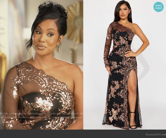 Fashion Nova All Nighter Long Sleeve Sequin Gown worn by Jacqueline Blake on The Real Housewives of Potomac