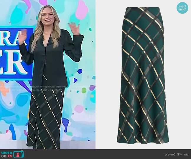 Favorite Daughter The Favorite Satin Skirt in Juniper worn by Erin Foster on Today