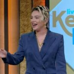 Florence Pugh’s blue suede suit on Live with Kelly and Mark