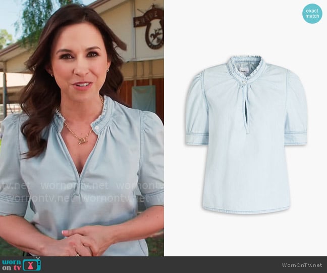 Lacey Chabert’s denim puff-sleeve top on Celebrations with Lacey Chabert