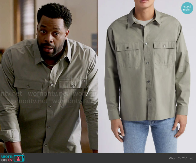 Frame Military Button-Up Overshirt in Dry Sage worn by Kevin Atwater (LaRoyce Hawkins) on Chicago PD