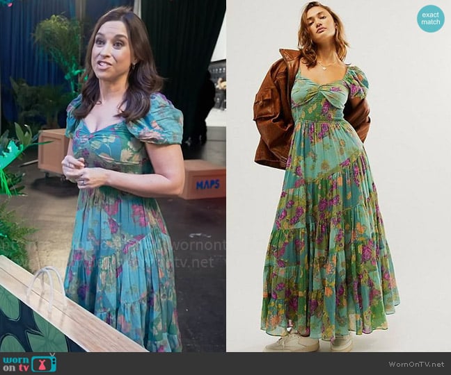 Free People Sundrenched Short-Sleeve Maxi Dress in Forest Combo worn by Lacey Chabert on Celebrations with Lacey Chabert