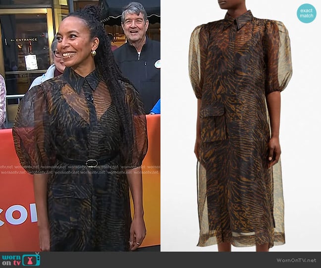 Ganni Tiger-Print Organza Dress in Brown worn by Eisa Davis on Today