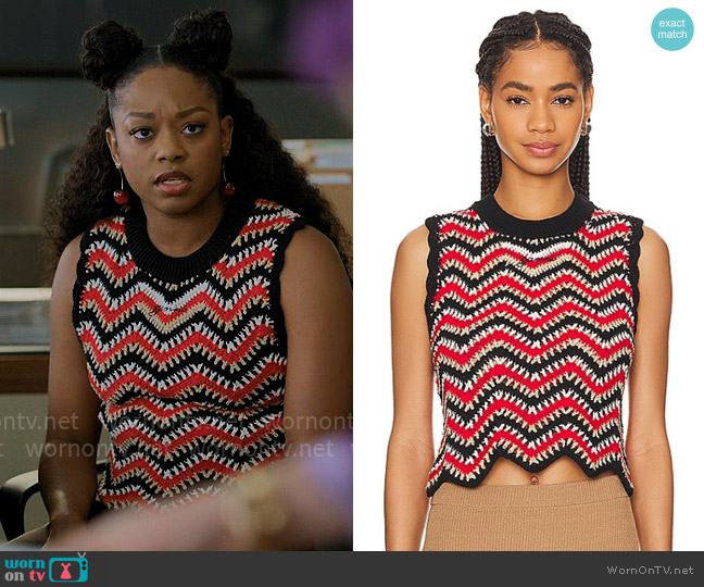 Ganni Crochet Vest in Racing Red worn by Izzy Letts (Jazz Raycole) on The Lincoln Lawyer