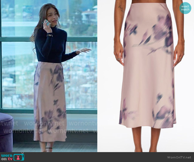 Garage Clothing Melody Satin Slip Midi Skirt worn by Cassandra Lee (Kristin Kreuk) on Murder in a Small Town