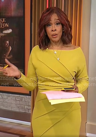 Gayle King's chartreuse long sleeve dress on CBS Mornings