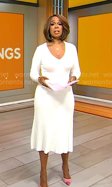 Gayle King's white pleated knit dress on CBS Mornings