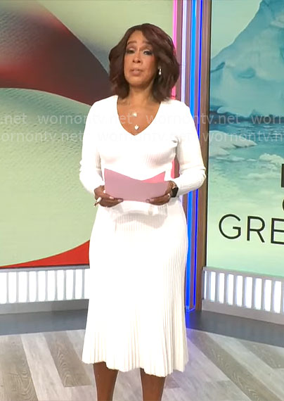 Gayle King's white pleated knit dress on CBS Mornings