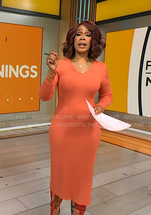 Gayle King’s orange rib knit v-neck dress on CBS Mornings