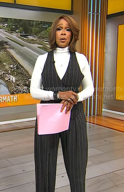 Gayle King’s pinstripe vest and pants set on CBS Mornings