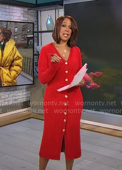 Gayle King's red button front knit dress on CBS Mornings