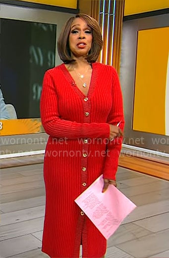 Gayle King's red button front knit dress on CBS Mornings