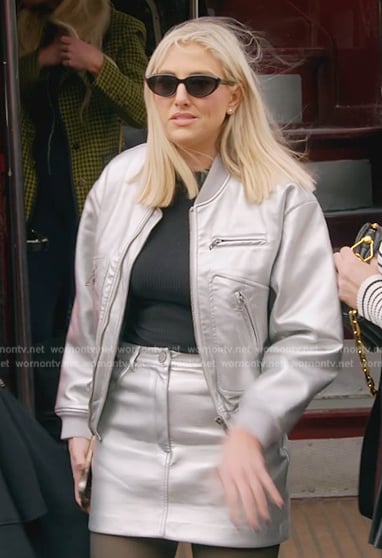 Gina's silver metallic bomber jacket and mini skirt on The Real Housewives of Orange County