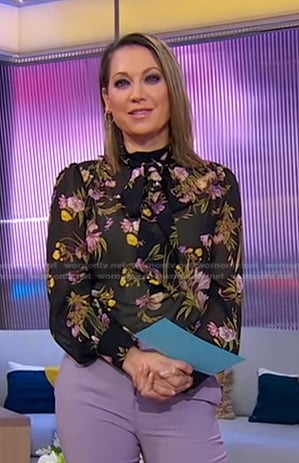 Ginger's black floral tie neck blouse on Good Morning America