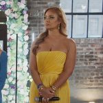 Gizelle’s yellow pleated cutout dress on The Real Housewives of Potomac