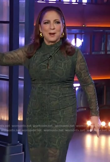 Gloria Estefan's green mesh snake kin print dress on The Kelly Clarkson Show