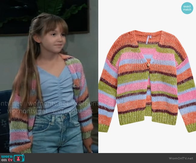 Good Luck Girl Stripe Cardigan worn by Scout Quartermaine (Cosette Abinante) on General Hospital