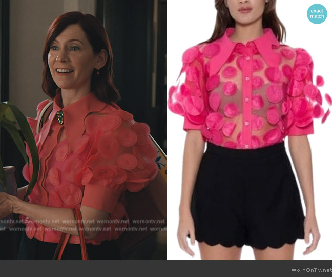 Gracia Mesh Splicing Round Polka Dots Button-Down Top worn by Elsbeth Tascioni (Carrie Preston) on Elsbeth