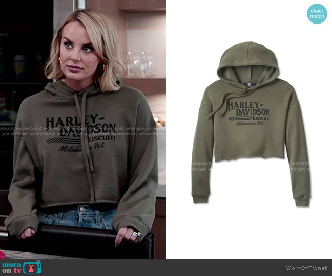 Harley Davidson Cropped Fleece Hoodie in Military Green worn by Whitney Rose on The Real Housewives of Salt Lake City