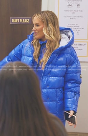 Heather's blue mesh top and padded jacket on The Real Housewives of Salt Lake City