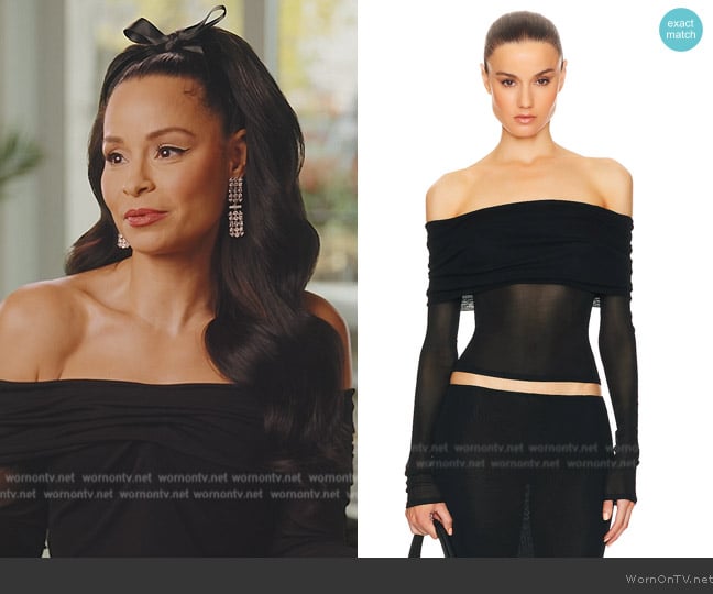 Helsa Sheer Knit Off The Shoulder Top worn by Sai De Silva on The Real Housewives of New York City