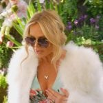 Tamra’s blue floral print mini dress and fur coat on The Real Housewives of Orange County