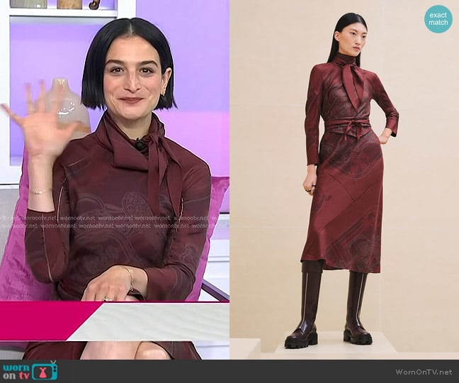 Hermes Bride de Gala en Desordre Knotted Dress in rouge sellier worn by Jenny Slate on Today