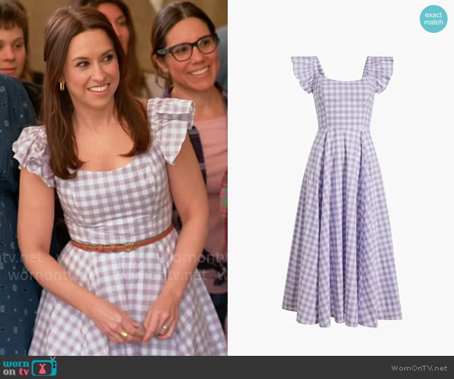 Hill House Home The Daphne Dress in Lilac Check worn by Lacey Chabert on Celebrations with Lacey Chabert