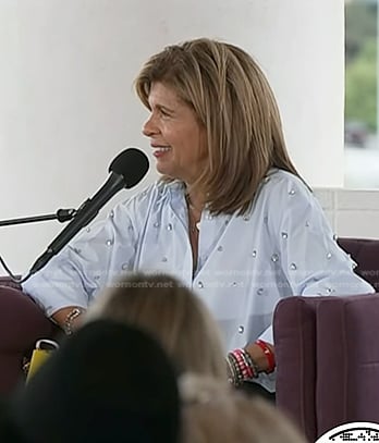 Hoda's blue embellished shirt and flare jeans on Today