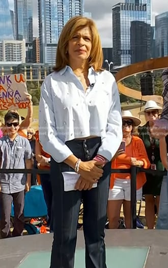 Hoda's blue embellished shirt and flare jeans on Today