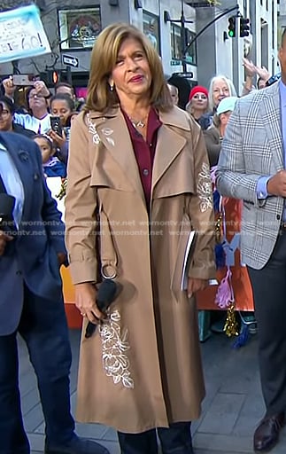 Hoda’s brown embroidered trench coat on Today