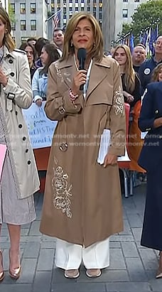 Hoda’s brown embroidered trench coat on Today