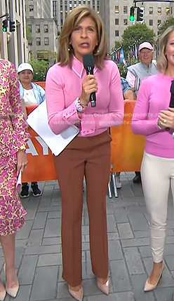 Hoda's pink collared sweater and brown seamed pants on Today