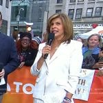 Hoda’s white gathered sleeve blazer and wide leg pants on Today